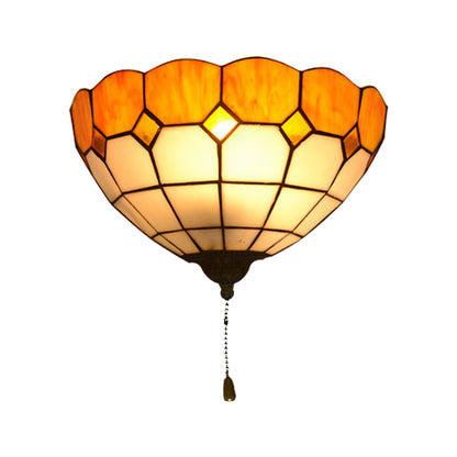 Tiffany Wall Lamp with Stained Glass Bowl Shade and Pull Switch