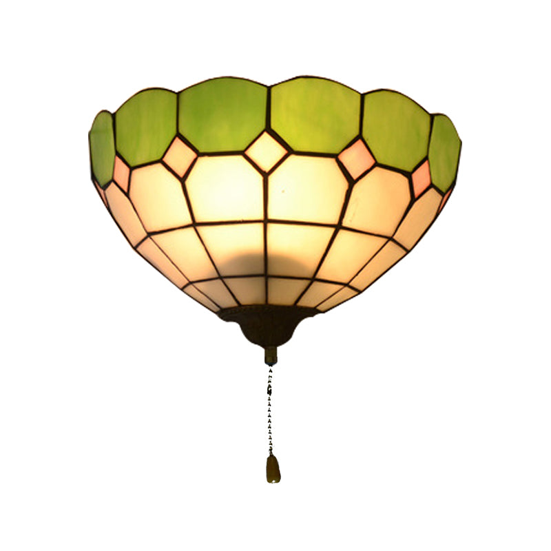Tiffany Wall Lamp with Stained Glass Bowl Shade and Pull Switch