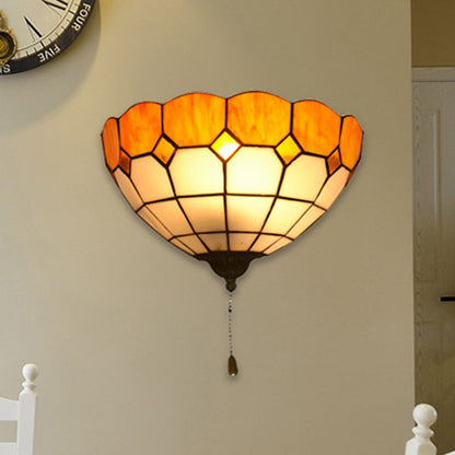Tiffany Wall Lamp with Stained Glass Bowl Shade and Pull Switch