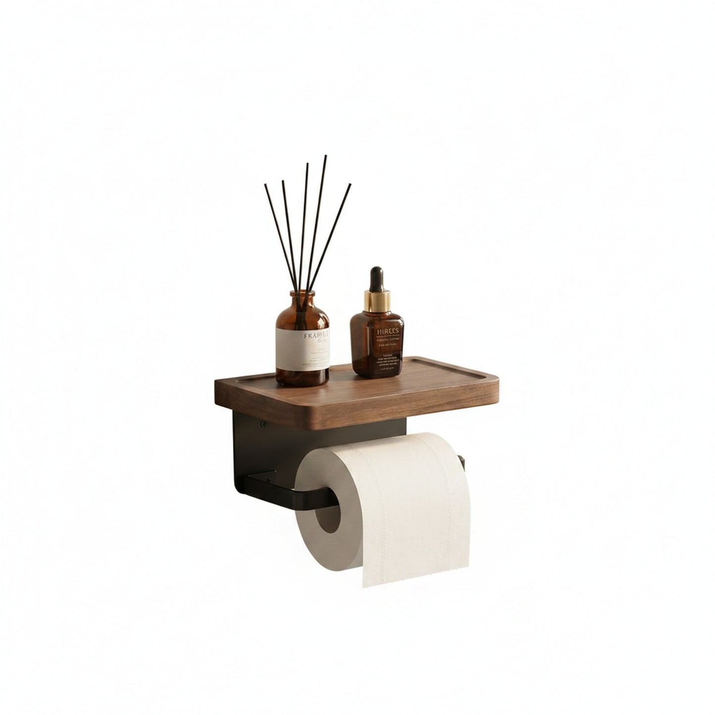 Toilet Paper Holder with Wooden Shelf and Phone Tray for Wall Mounting
