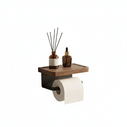 Toilet Paper Holder with Wooden Shelf and Phone Tray for Wall Mounting