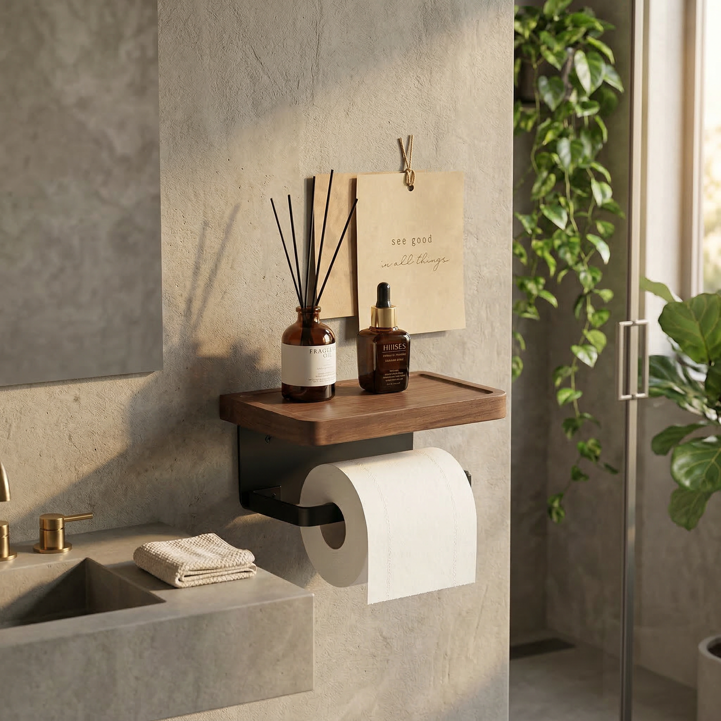 Toilet Paper Holder with Wooden Shelf and Phone Tray for Wall Mounting