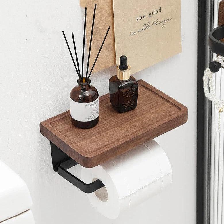 Toilet Paper Holder with Wooden Shelf and Phone Tray for Wall Mounting