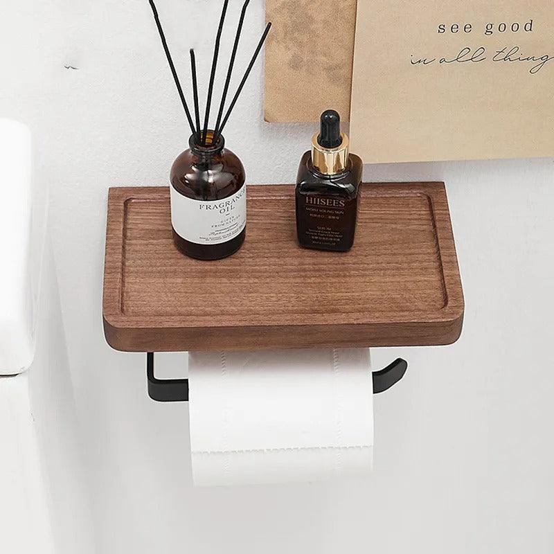 Toilet Paper Holder with Wooden Shelf and Phone Tray for Wall Mounting