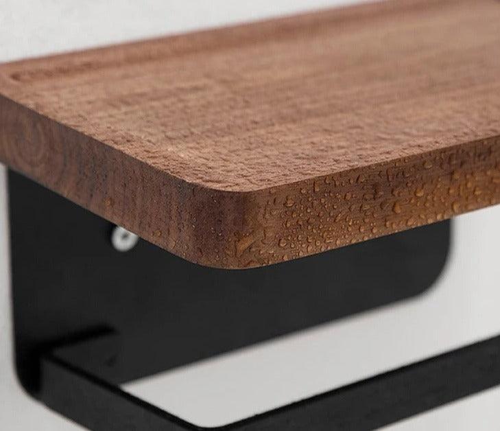 Toilet Paper Holder with Wooden Shelf and Phone Tray for Wall Mounting