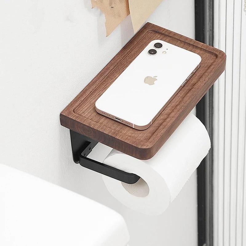 Toilet Paper Holder with Wooden Shelf and Phone Tray for Wall Mounting