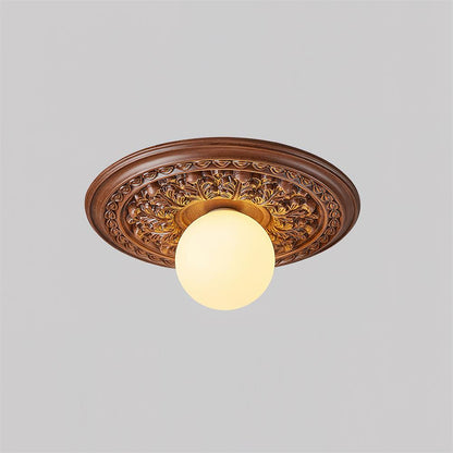 Vintage Carved Ceiling Lamp with Globe Shade