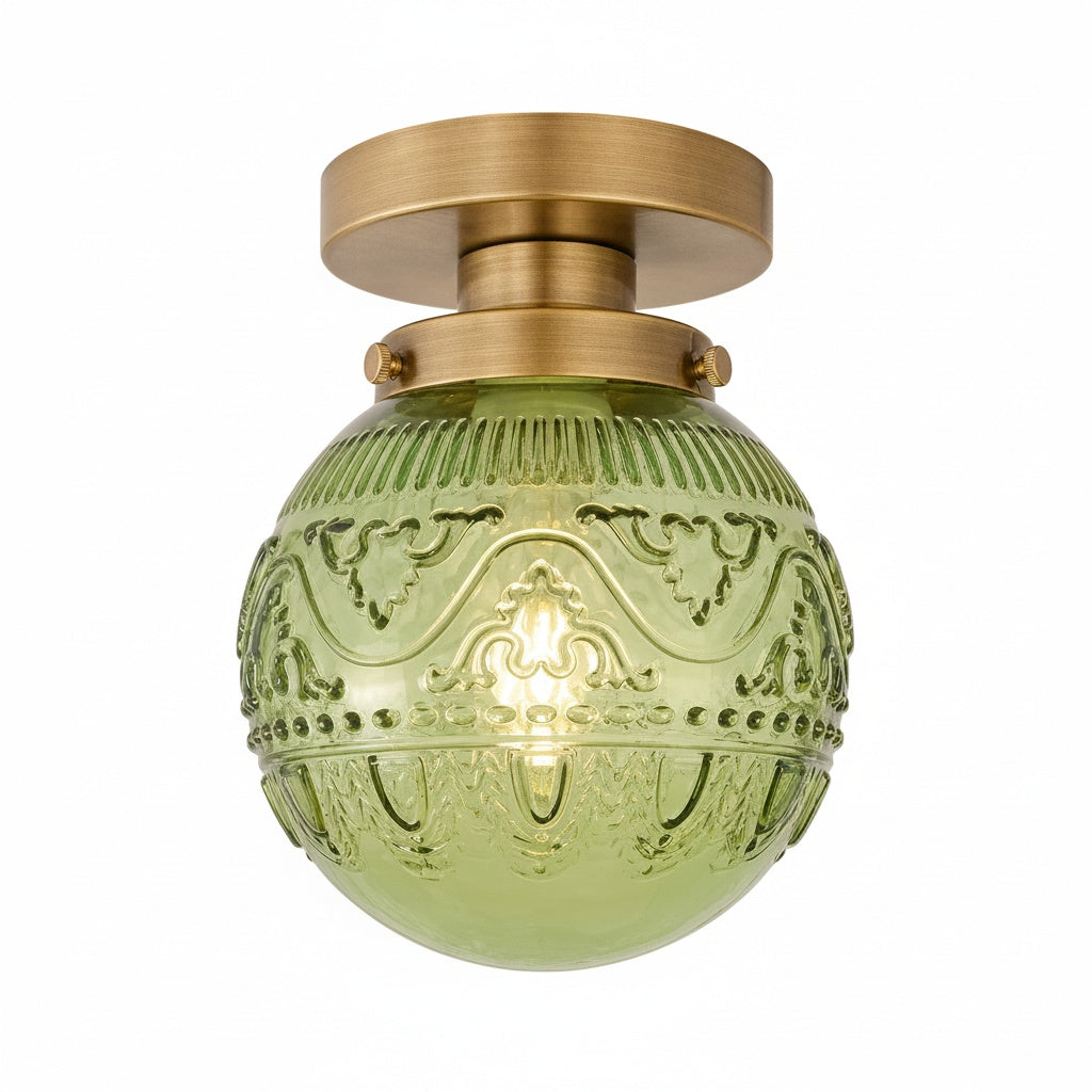 Vintage Globe Ceiling Light with Engraved Glass Shade and Brass or Black Fitting