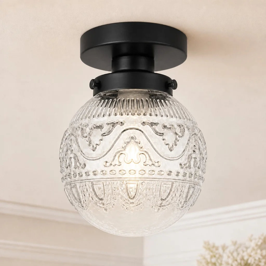 Vintage Globe Ceiling Light with Engraved Glass Shade and Brass or Black Fitting