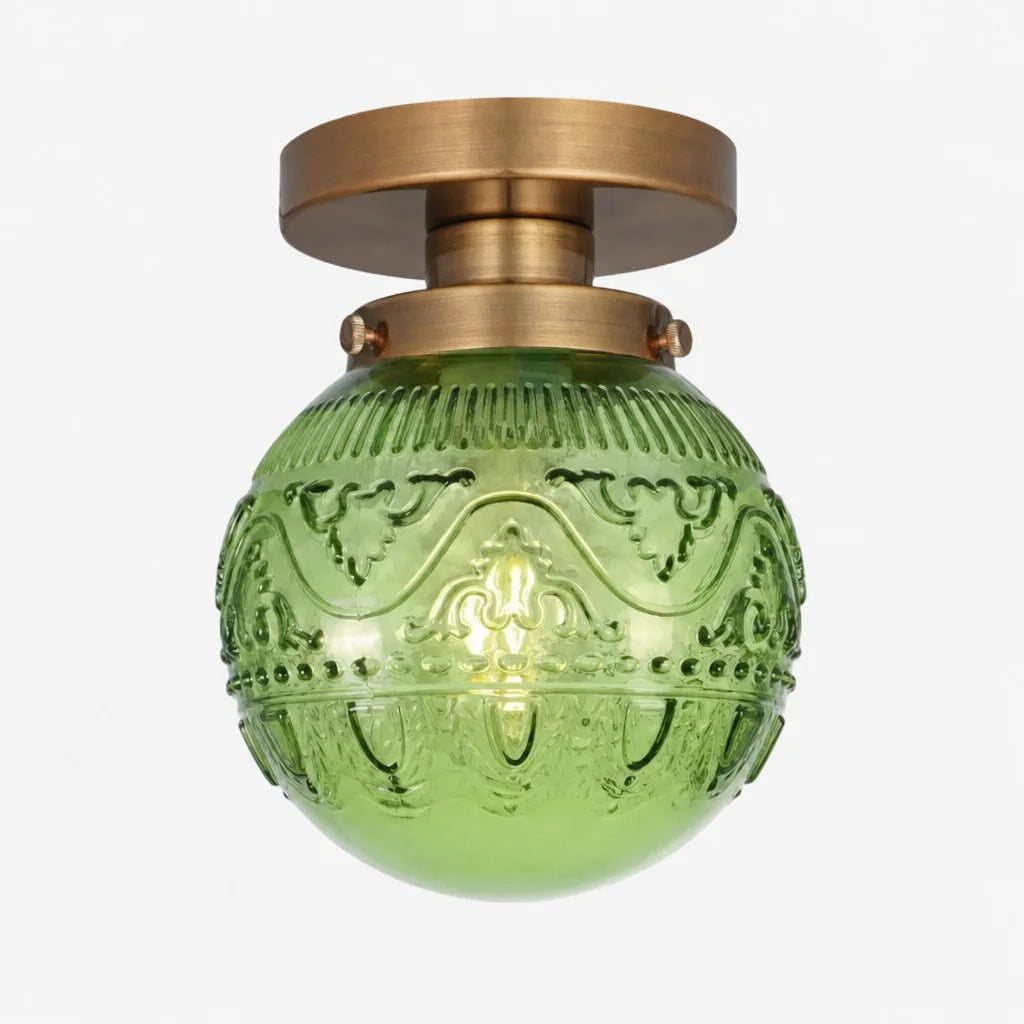 Vintage Globe Ceiling Light with Engraved Glass Shade and Brass or Black Fitting