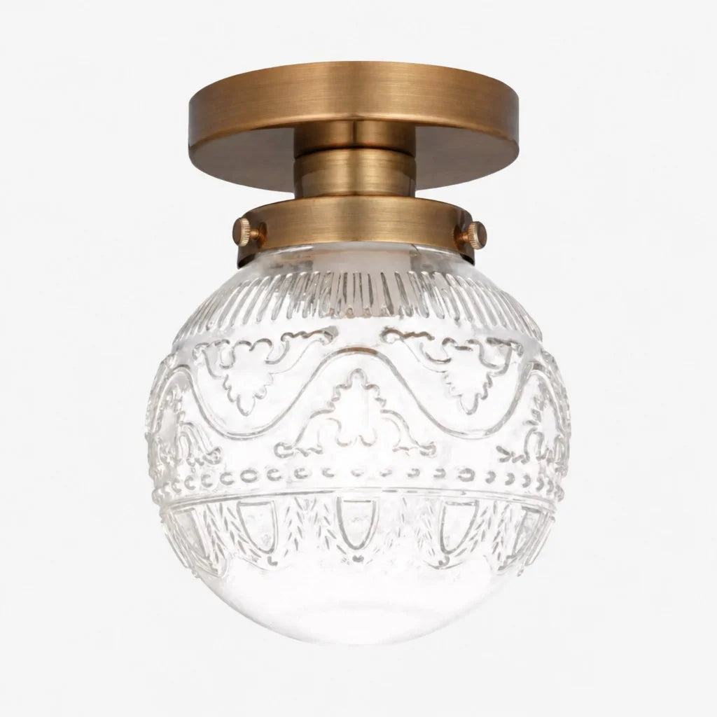 Vintage Globe Ceiling Light with Engraved Glass Shade and Brass or Black Fitting
