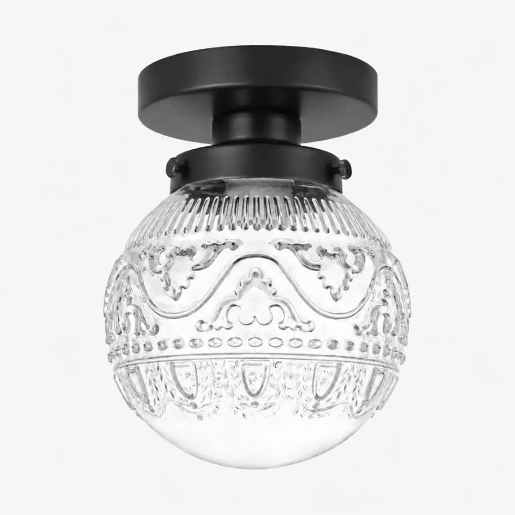 Vintage Globe Ceiling Light with Engraved Glass Shade and Brass or Black Fitting