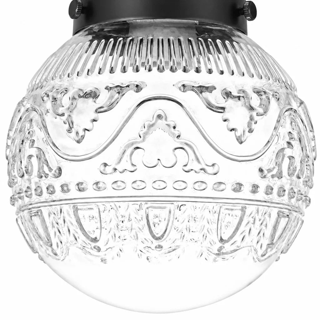 Vintage Globe Ceiling Light with Engraved Glass Shade and Brass or Black Fitting