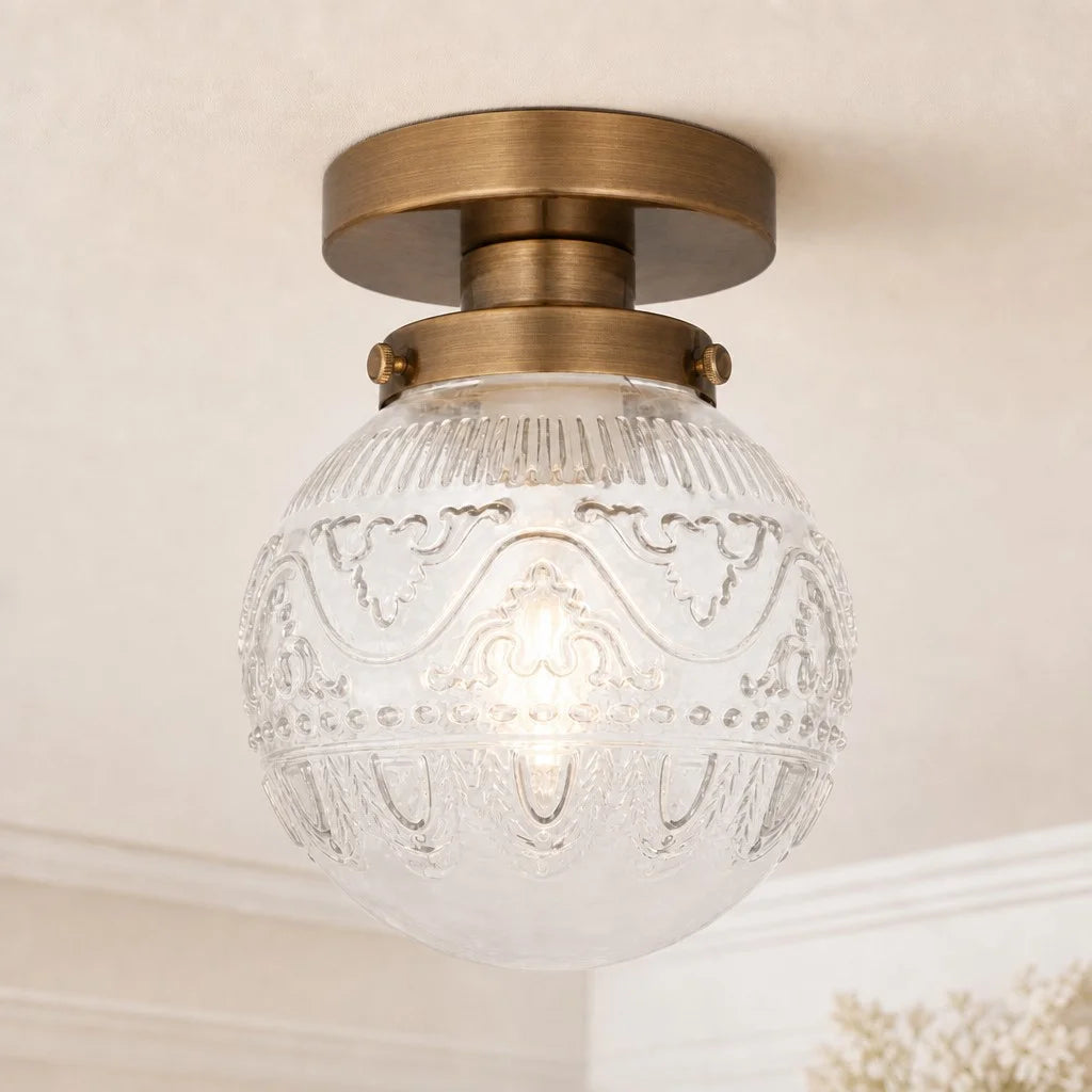 Vintage Globe Ceiling Light with Engraved Glass Shade and Brass or Black Fitting