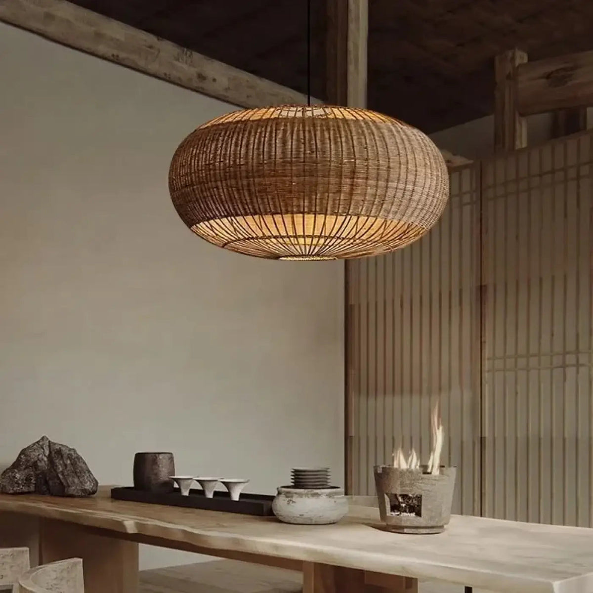 Vintage Pendant Lamp with Woven Rattan Shade