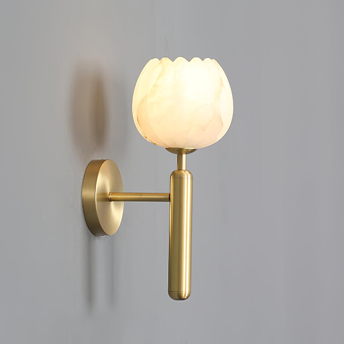 Wall Lamp Art Deco with Alabaster Flower Shade and Brass Arm