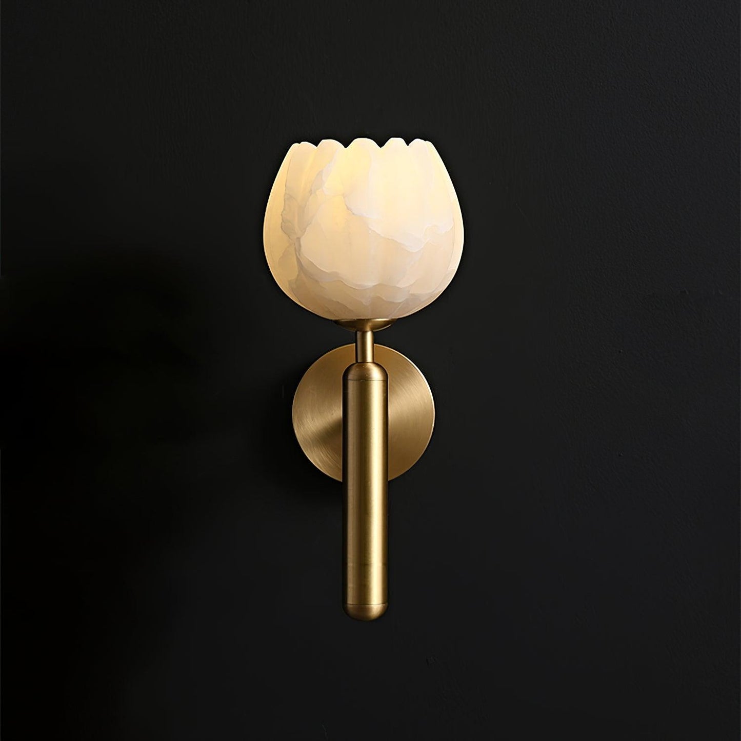 Wall Lamp Art Deco with Alabaster Flower Shade and Brass Arm