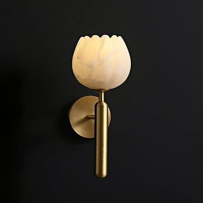 Wall Lamp Art Deco with Alabaster Flower Shade and Brass Arm