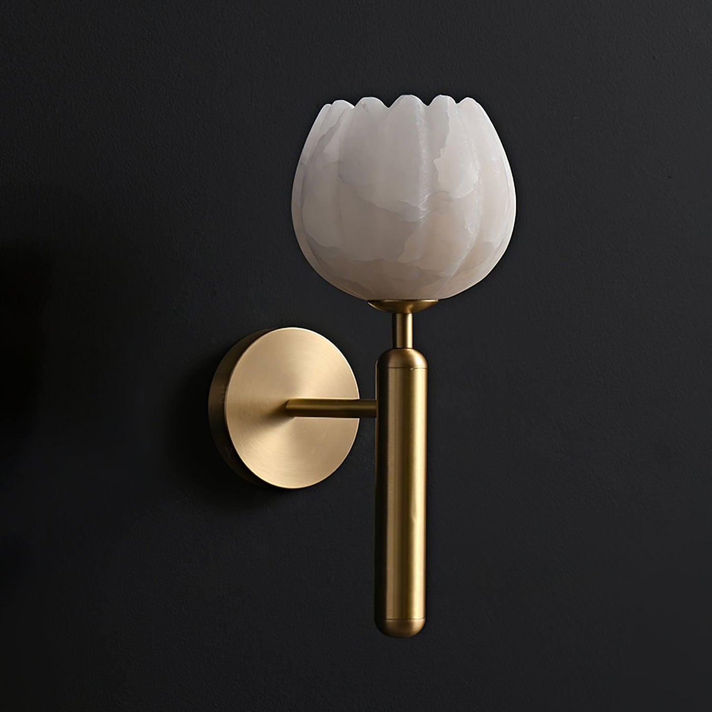 Wall Lamp Art Deco with Alabaster Flower Shade and Brass Arm