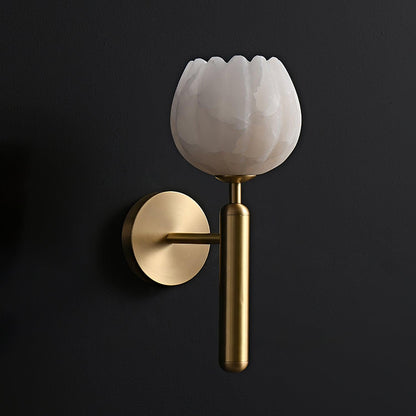Wall Lamp Art Deco with Alabaster Flower Shade and Brass Arm