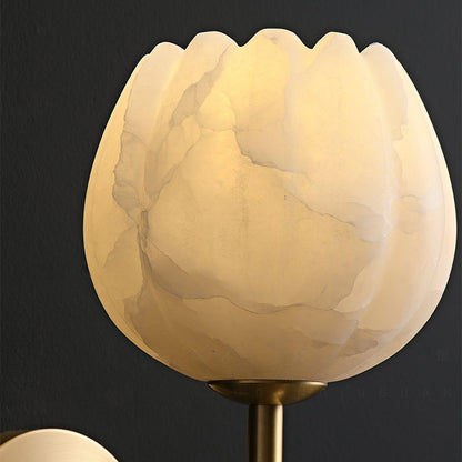 Wall Lamp Art Deco with Alabaster Flower Shade and Brass Arm