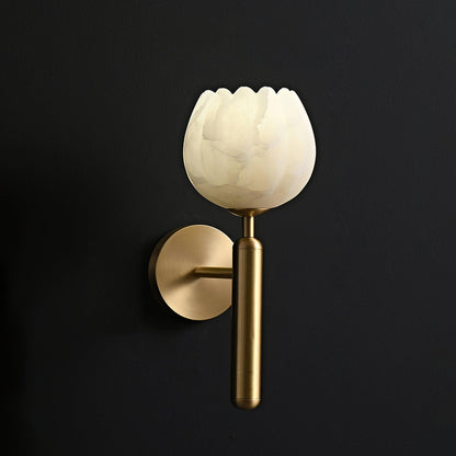Wall Lamp Art Deco with Alabaster Flower Shade and Brass Arm