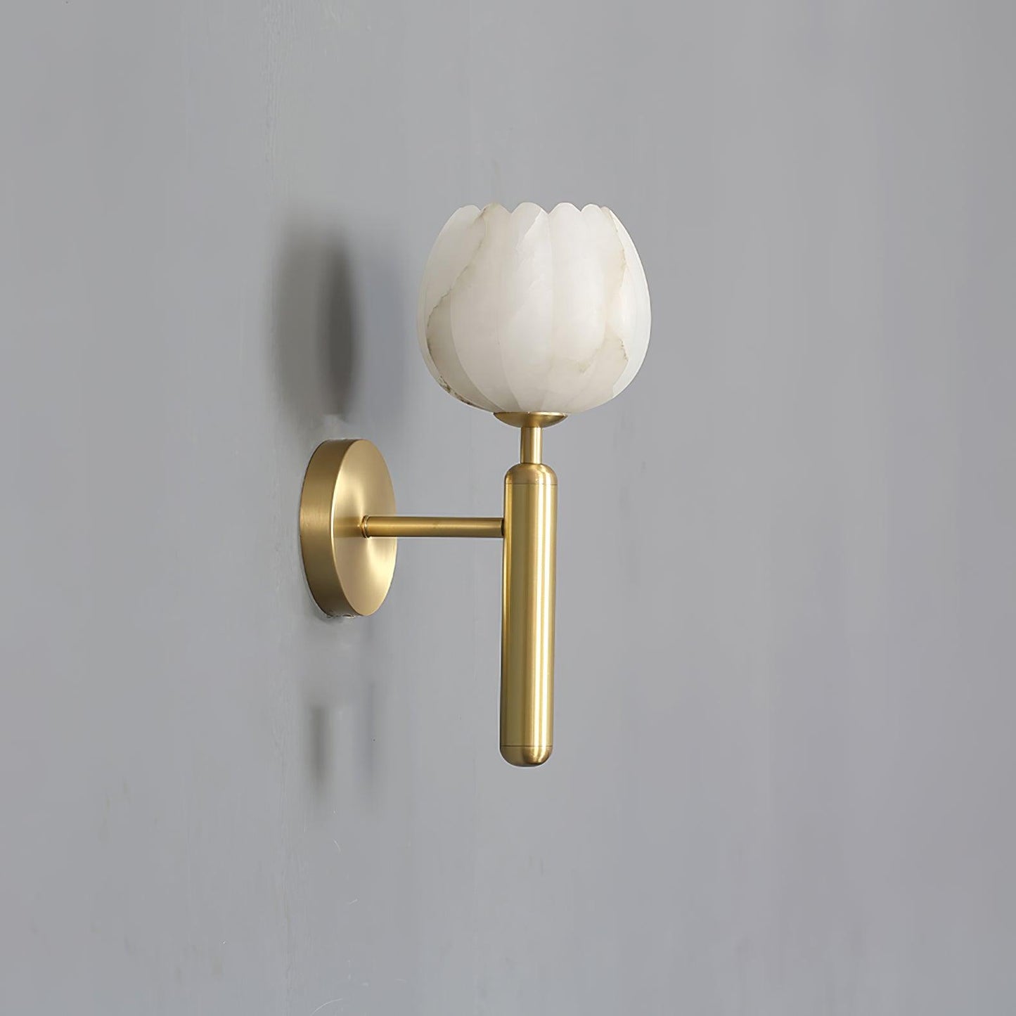 Wall Lamp Art Deco with Alabaster Flower Shade and Brass Arm