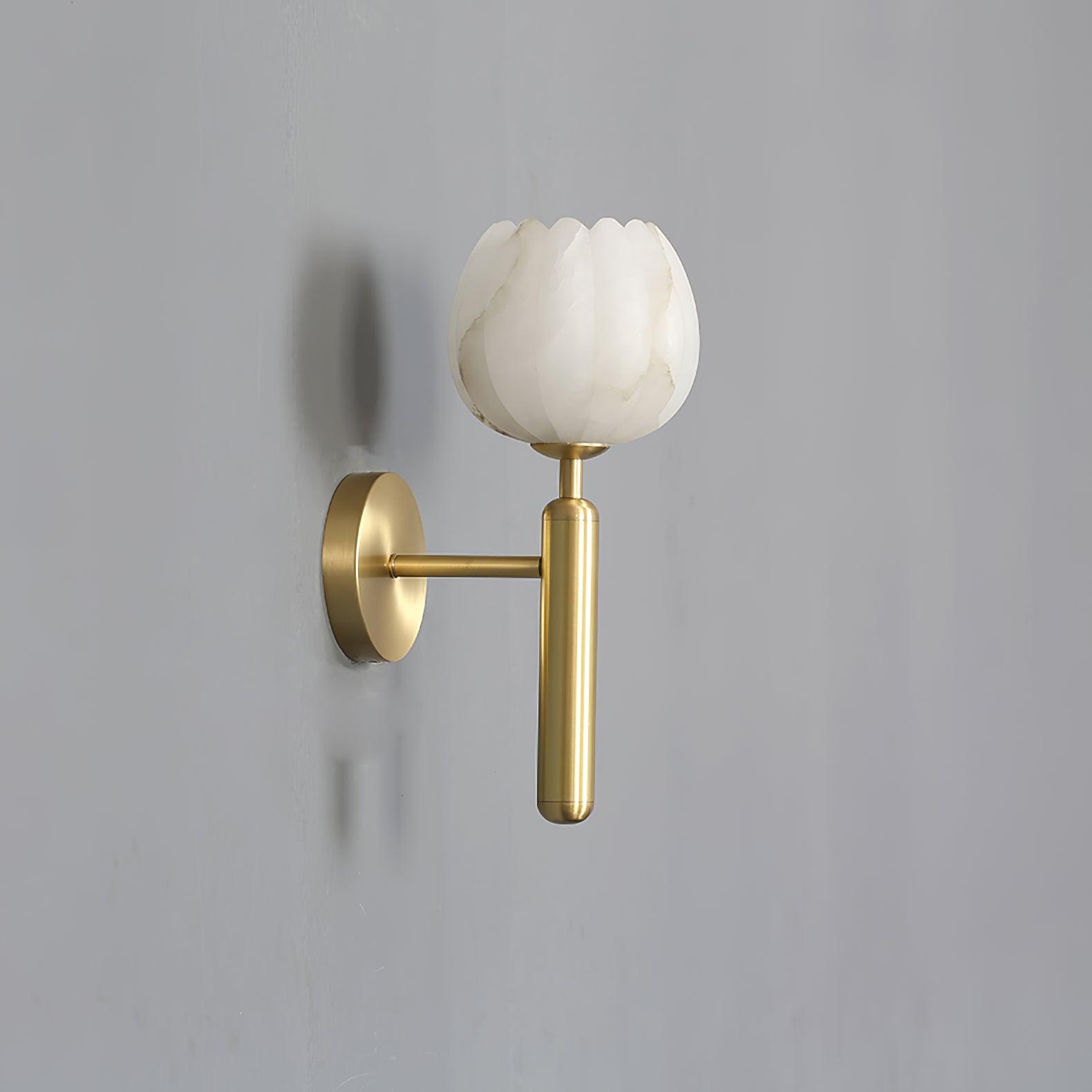 Wall Lamp Art Deco with Alabaster Flower Shade and Brass Arm