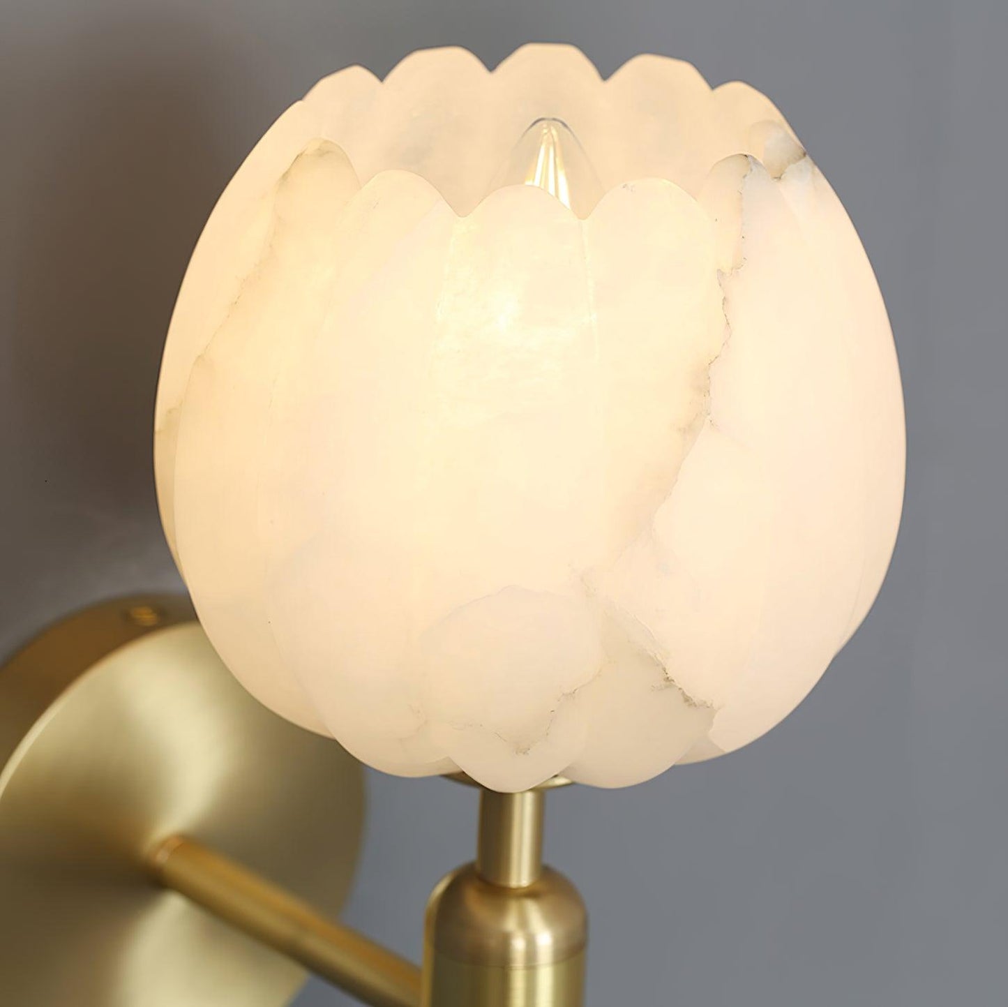 Wall Lamp Art Deco with Alabaster Flower Shade and Brass Arm