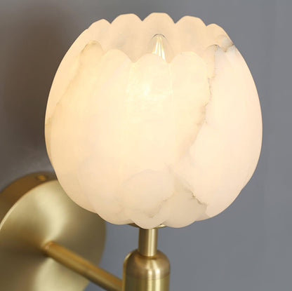 Wall Lamp Art Deco with Alabaster Flower Shade and Brass Arm