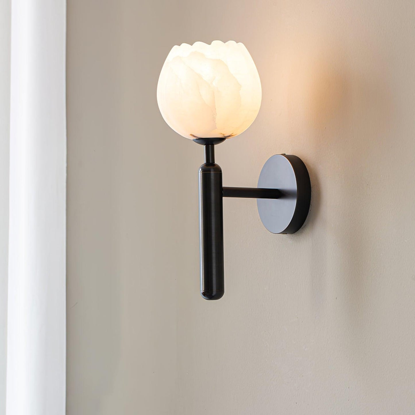 Wall Lamp Art Deco with Alabaster Flower Shade and Brass Arm
