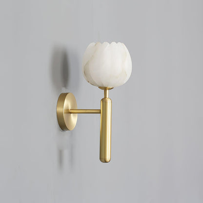 Wall Lamp Art Deco with Alabaster Flower Shade and Brass Arm