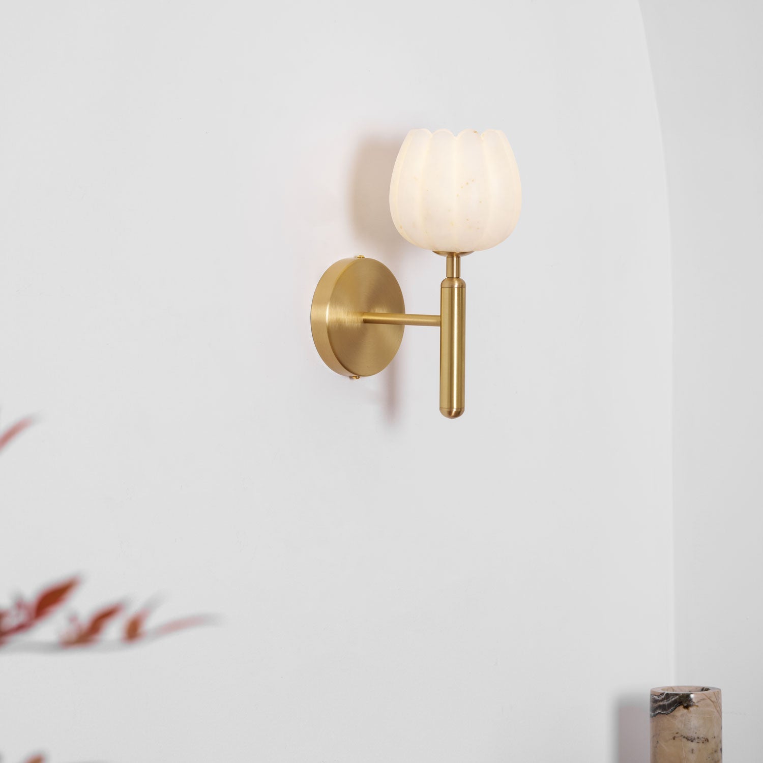 Wall Lamp Art Deco with Alabaster Flower Shade and Brass Arm