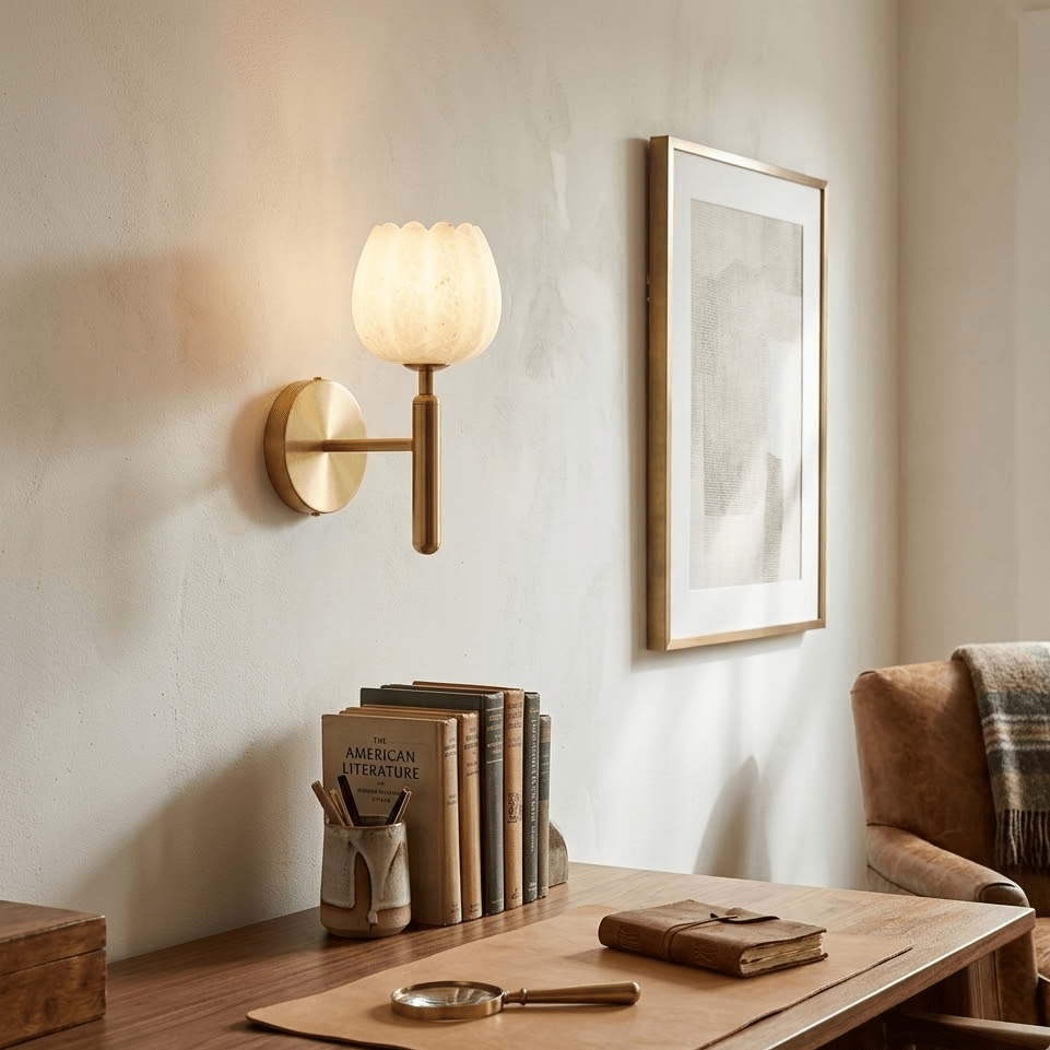 Wall Lamp Art Deco with Alabaster Flower Shade and Brass Arm