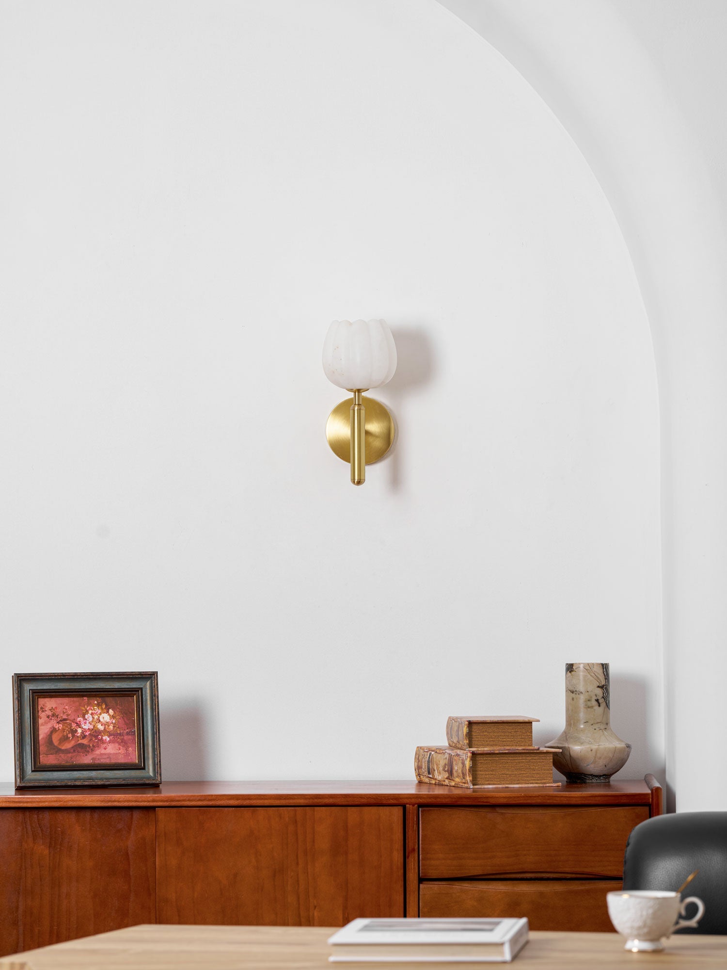 Wall Lamp Art Deco with Alabaster Flower Shade and Brass Arm