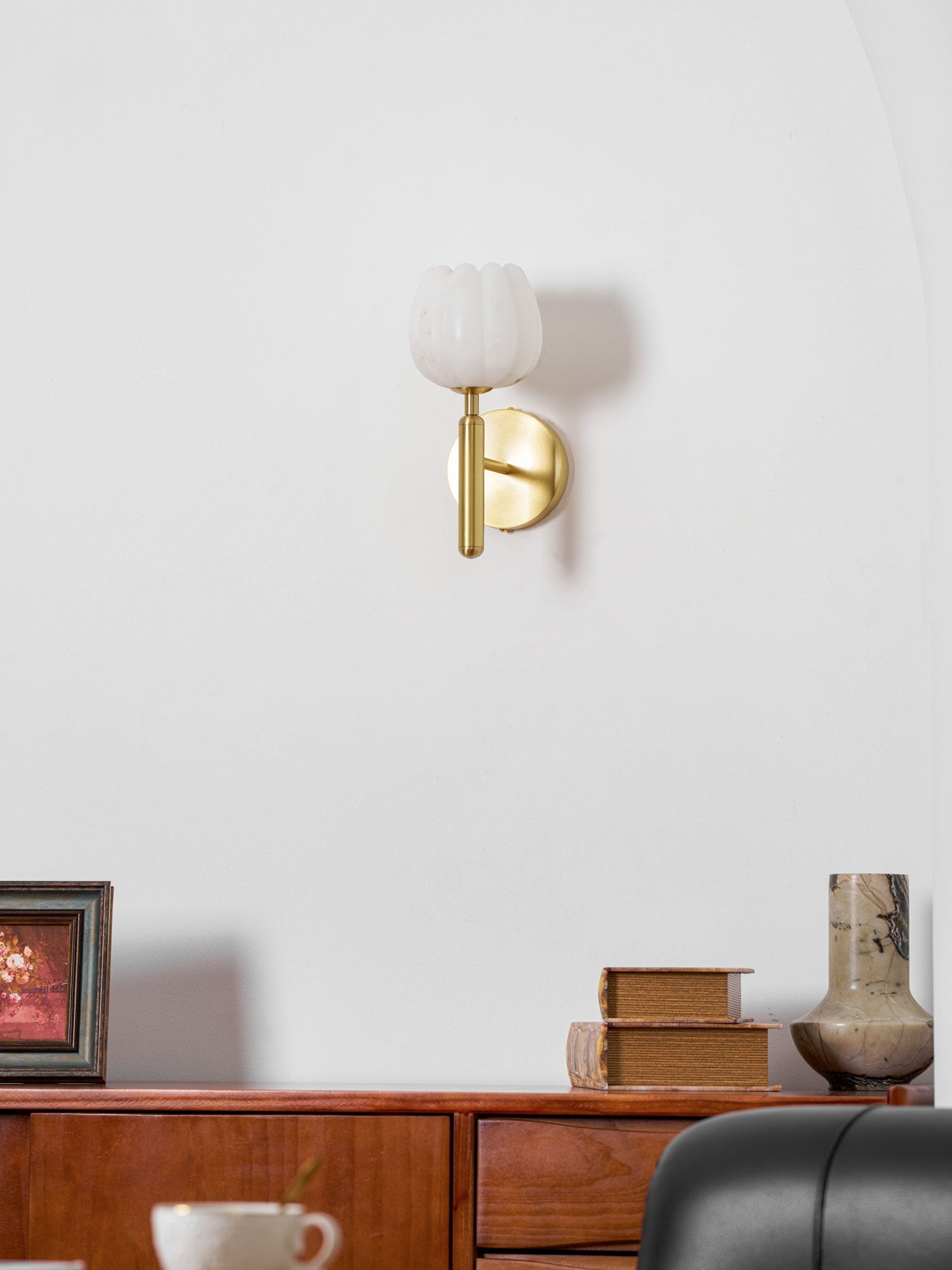 Wall Lamp Art Deco with Alabaster Flower Shade and Brass Arm