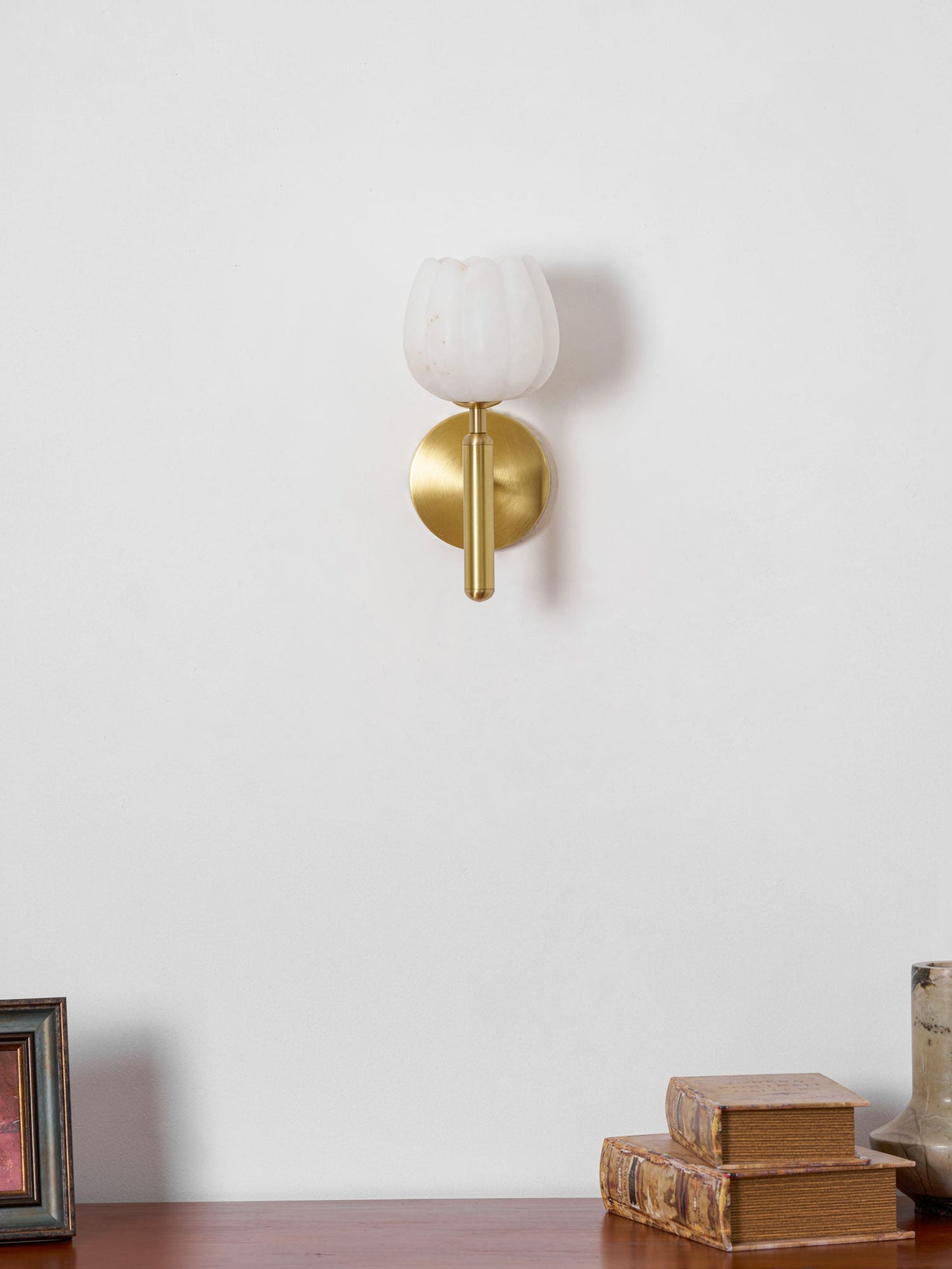 Wall Lamp Art Deco with Alabaster Flower Shade and Brass Arm