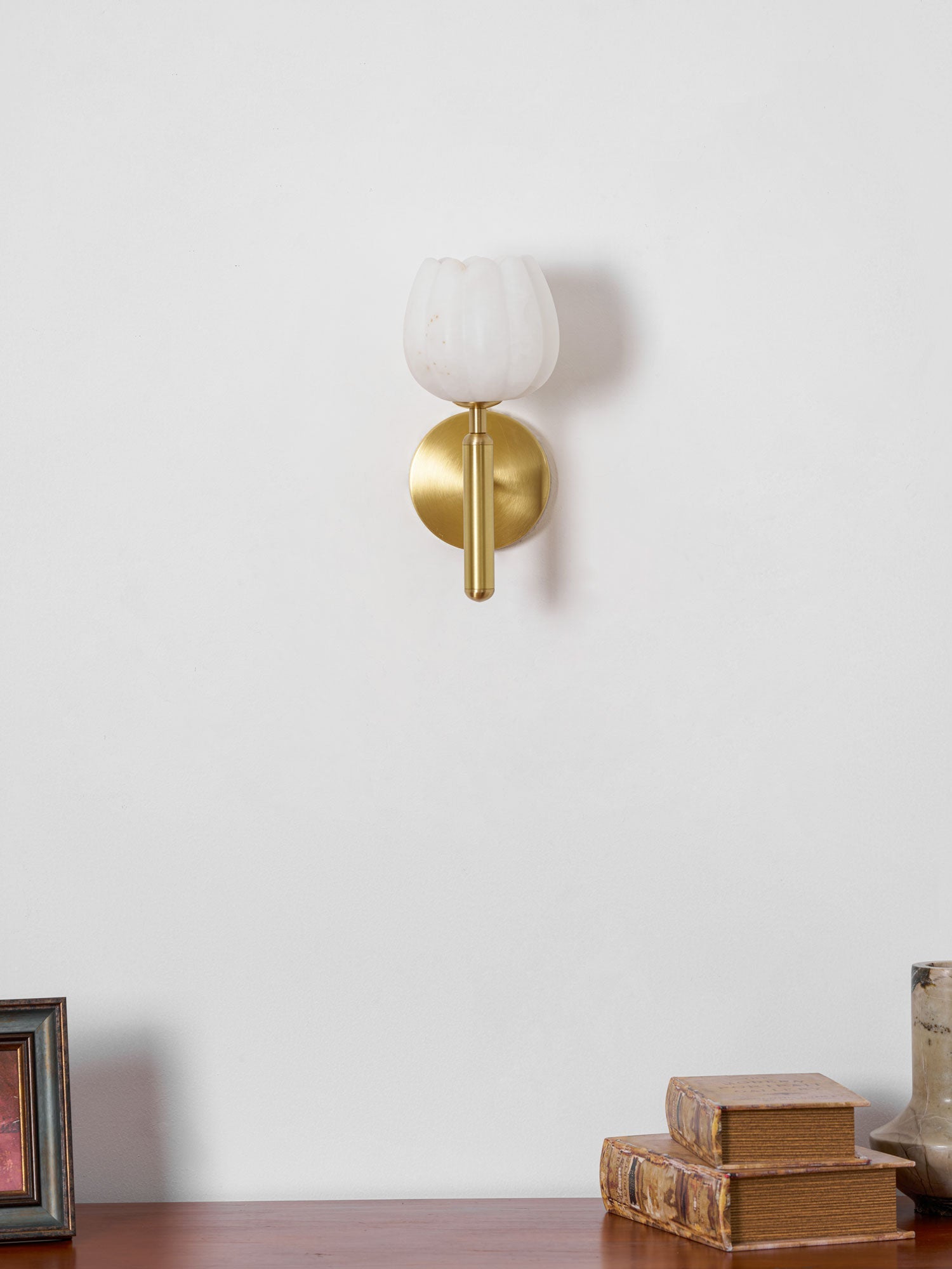 Wall Lamp Art Deco with Alabaster Flower Shade and Brass Arm