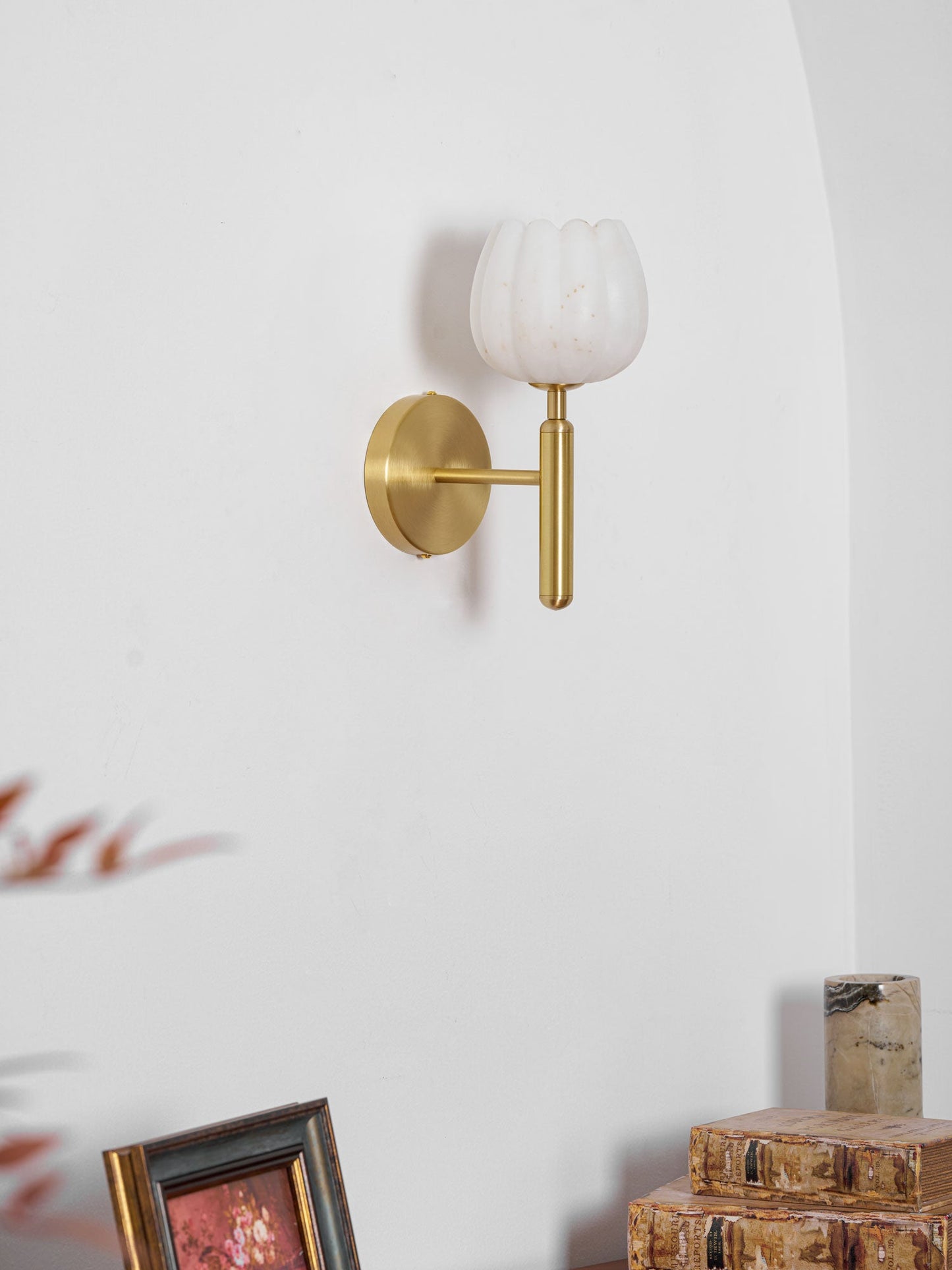 Wall Lamp Art Deco with Alabaster Flower Shade and Brass Arm