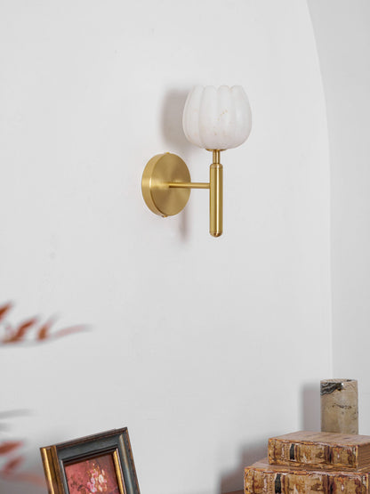 Wall Lamp Art Deco with Alabaster Flower Shade and Brass Arm