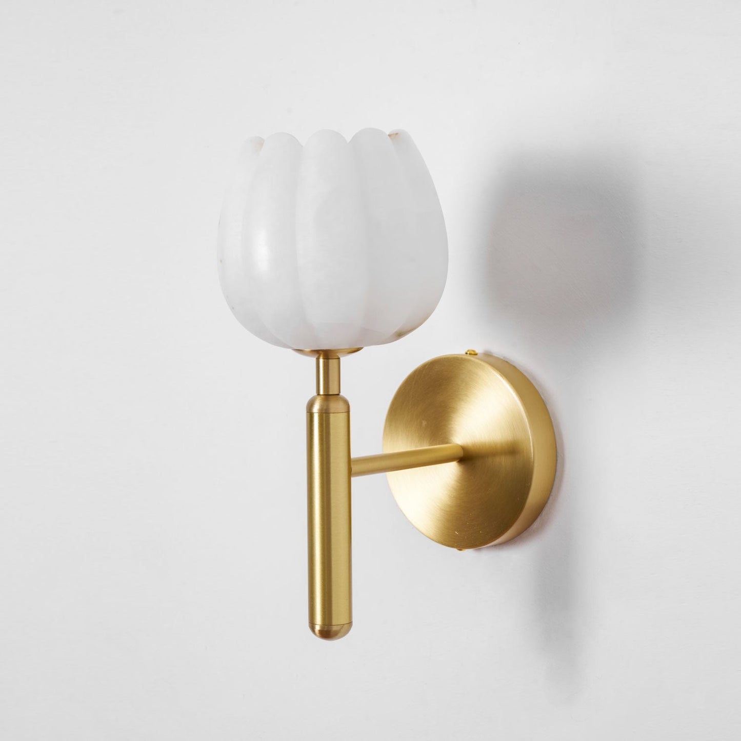 Wall Lamp Art Deco with Alabaster Flower Shade and Brass Arm