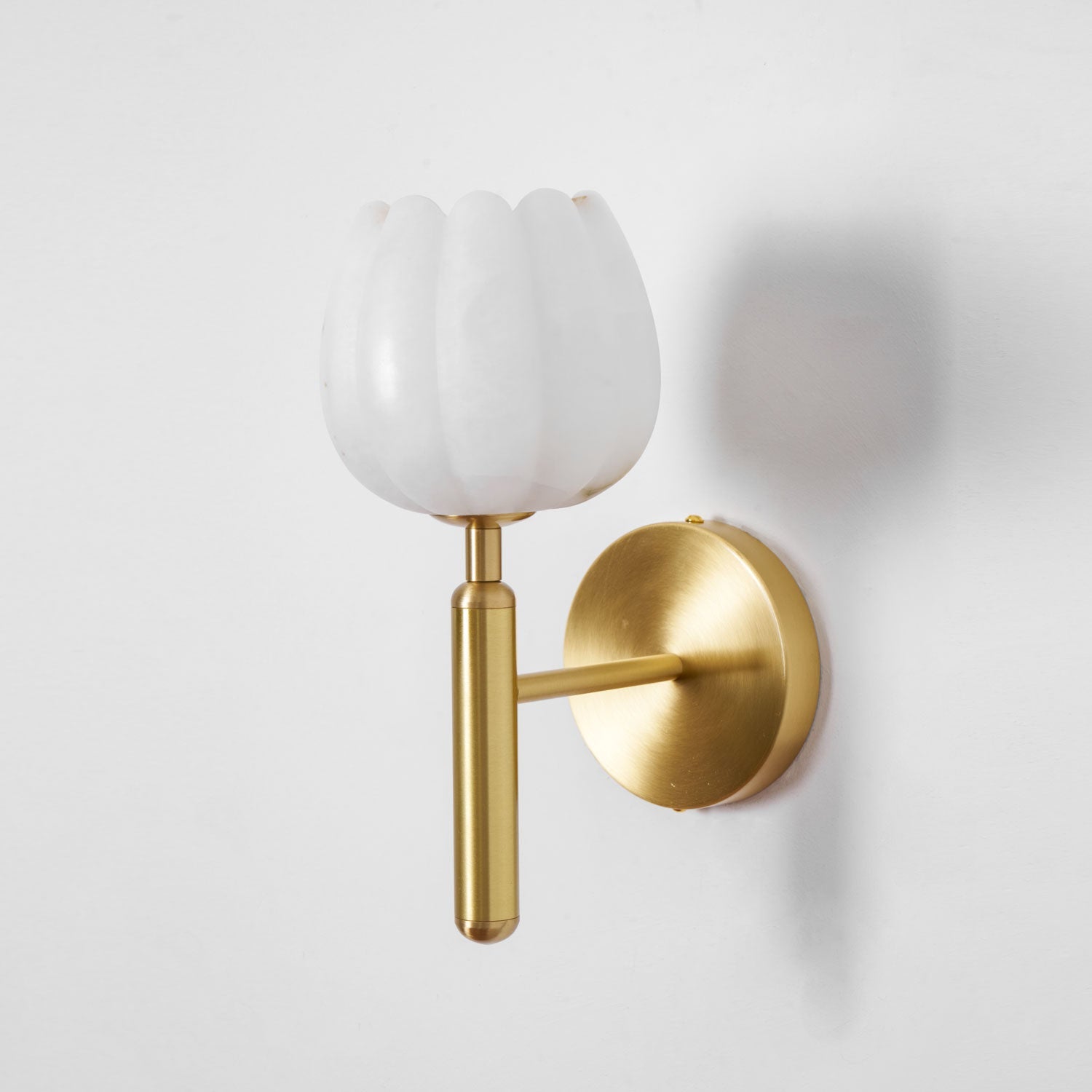 Wall Lamp Art Deco with Alabaster Flower Shade and Brass Arm