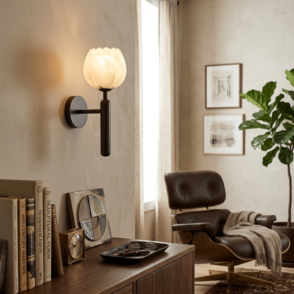 Wall Lamp Art Deco with Alabaster Flower Shade and Brass Arm