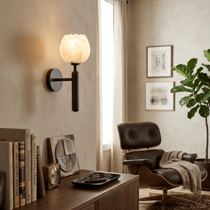 Wall Lamp Art Deco with Alabaster Flower Shade and Brass Arm
