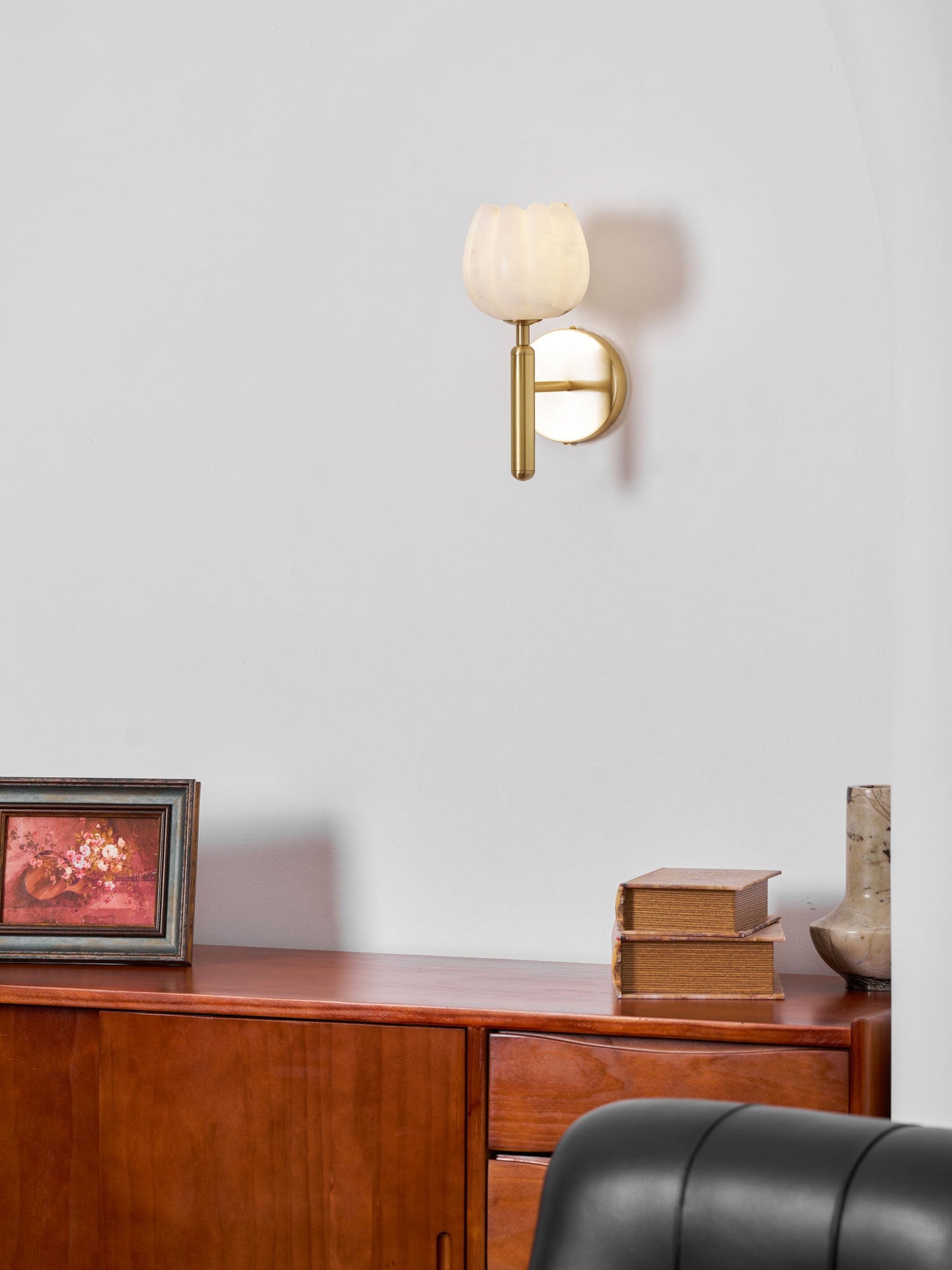 Wall Lamp Art Deco with Alabaster Flower Shade and Brass Arm
