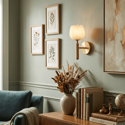 Wall Lamp Art Deco with Alabaster Flower Shade and Brass Arm