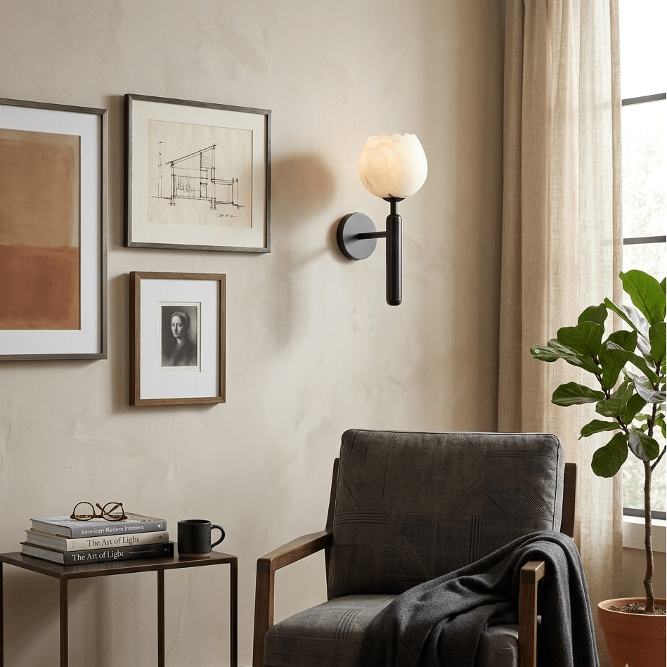 Wall Lamp Art Deco with Alabaster Flower Shade and Brass Arm