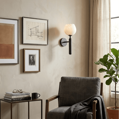 Wall Lamp Art Deco with Alabaster Flower Shade and Brass Arm