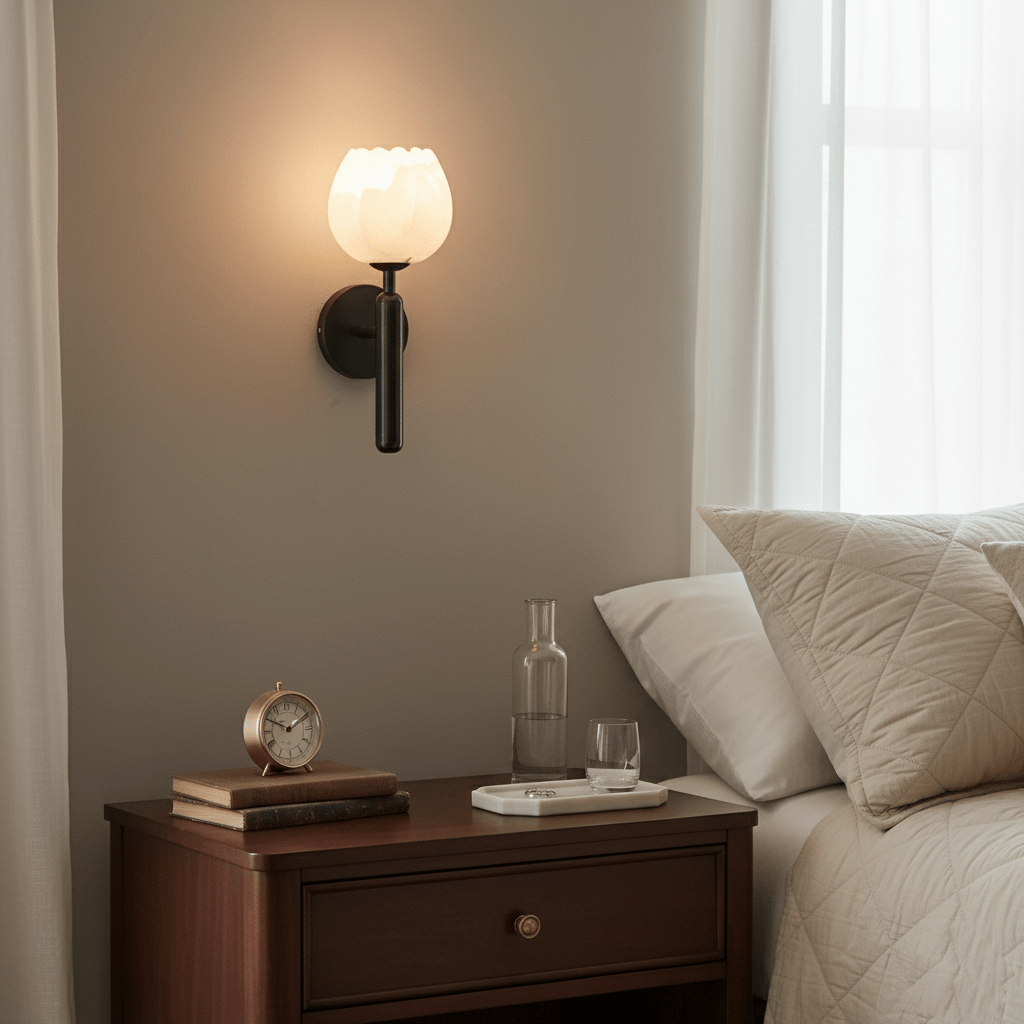Wall Lamp Art Deco with Alabaster Flower Shade and Brass Arm
