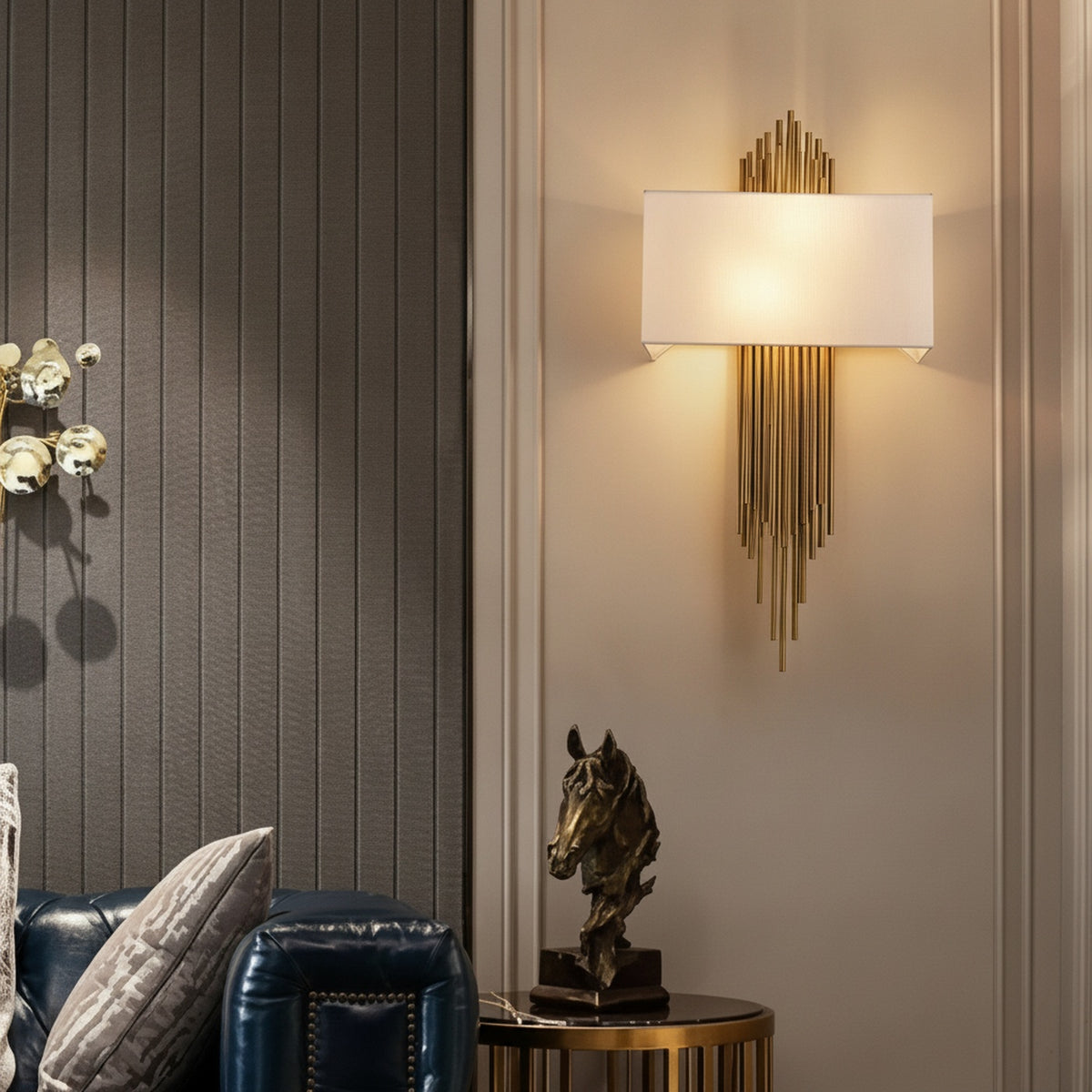 Wall Lamp Art Deco with Gold Tube Fringe and White Fabric Shade